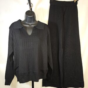 Black Collard V Neck Knit Pantsuit